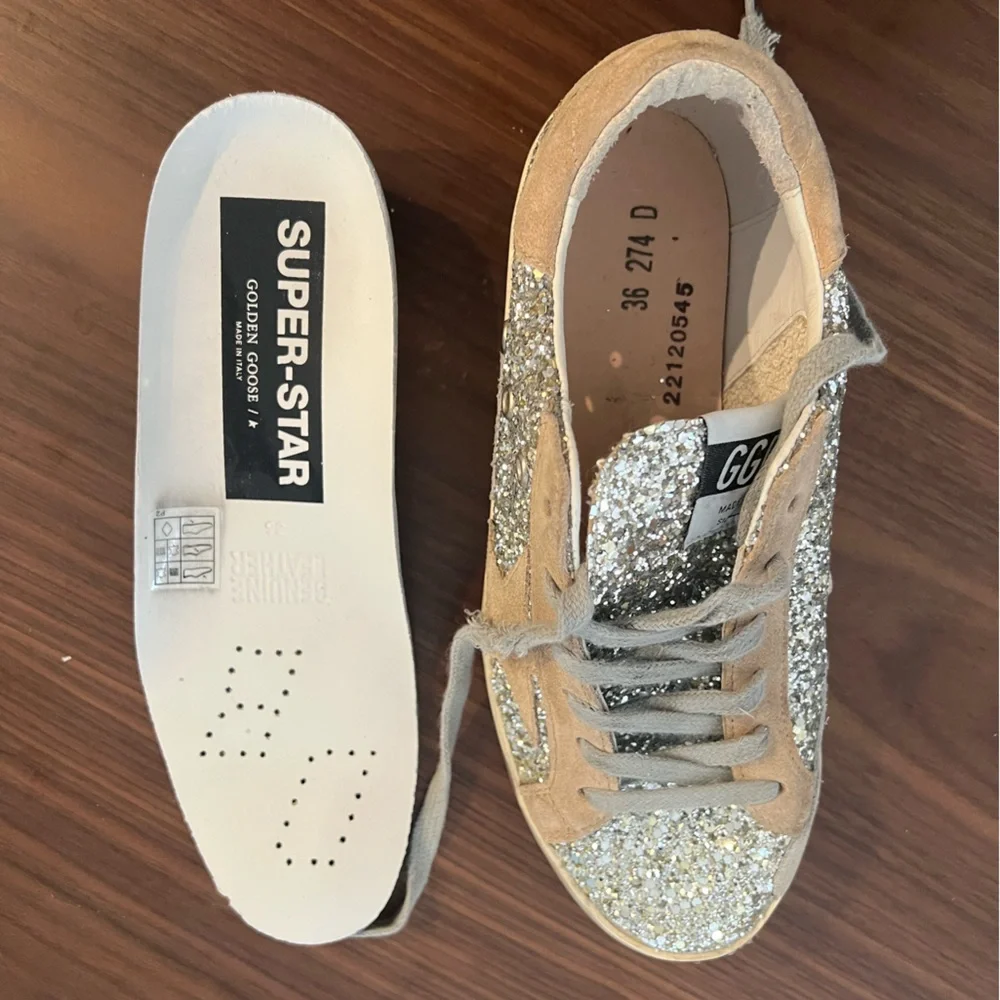 Golden Goose Beige and Silver Glitter Sneakers - Picture 5 of 16